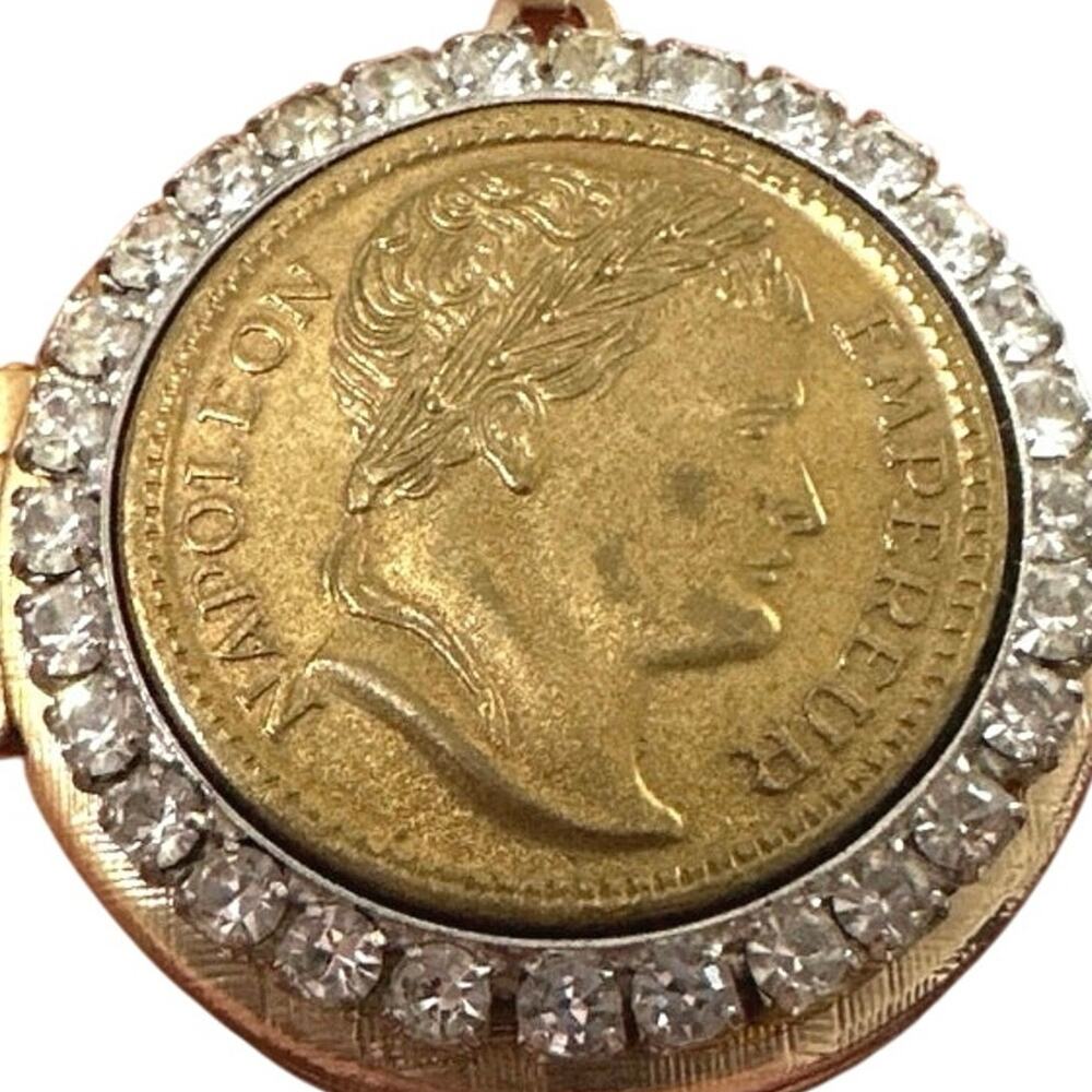 Napoleon Empereur coin set in a locket pendant gold tone prong set w/rhinestone